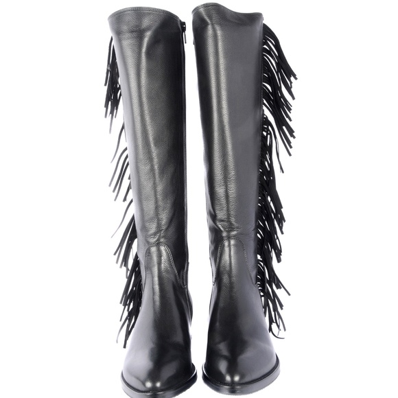 Le Pepe Blk Leather knee high Boots with Fringes - Picture 3 of 5